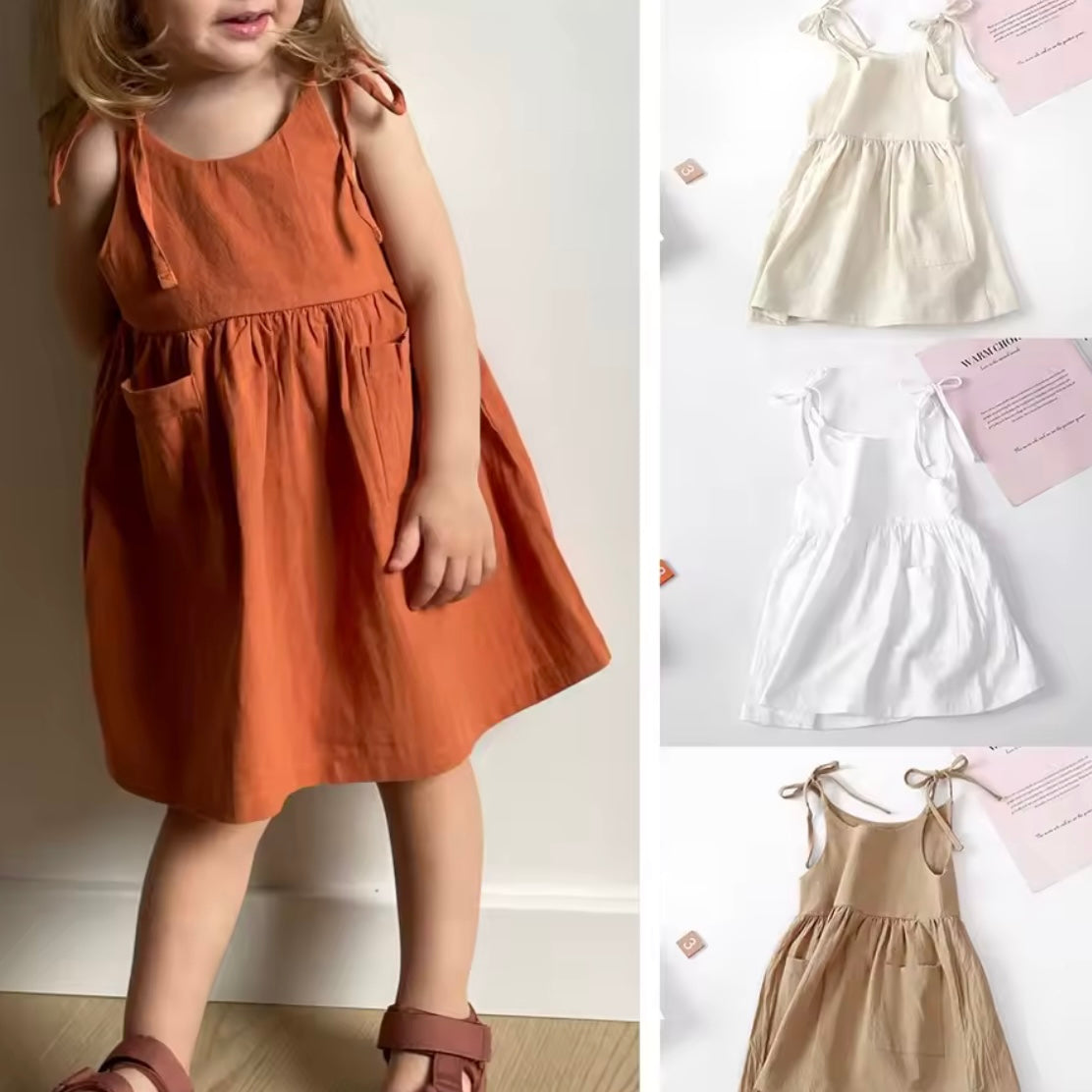 Tie Shoulder Pocket Linen Feel Dress