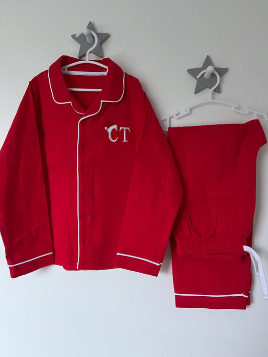 Christmas Red Brushed Cotton Embroidered Intial Pyjamas