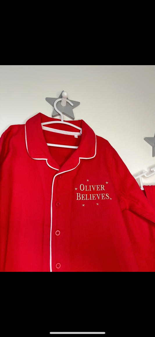 Christmas Red Brushed Cotton Embroidered Name Believes Pyjamas